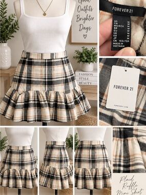 Forever 21 Cream, Black & Tan Plaid Ruffle Mini Skirt